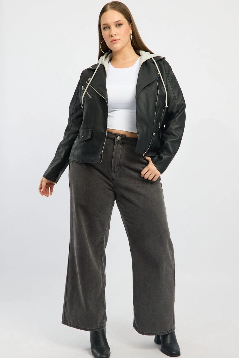 Casual Street Style Sleek Outer Black Faux Leather Jacket With Detachable Hood