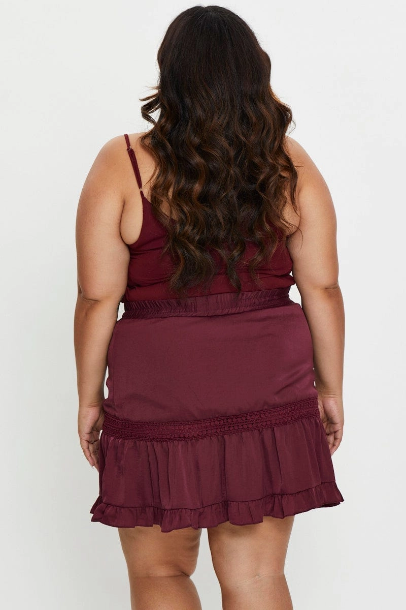 Senior Style Red Mini Skater Skirt Ruffle Hem