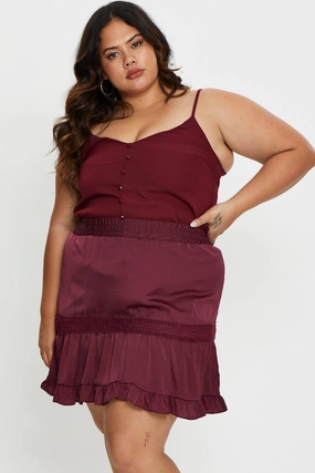Red Mini Skater Skirt Ruffle Hem Luxury Feel