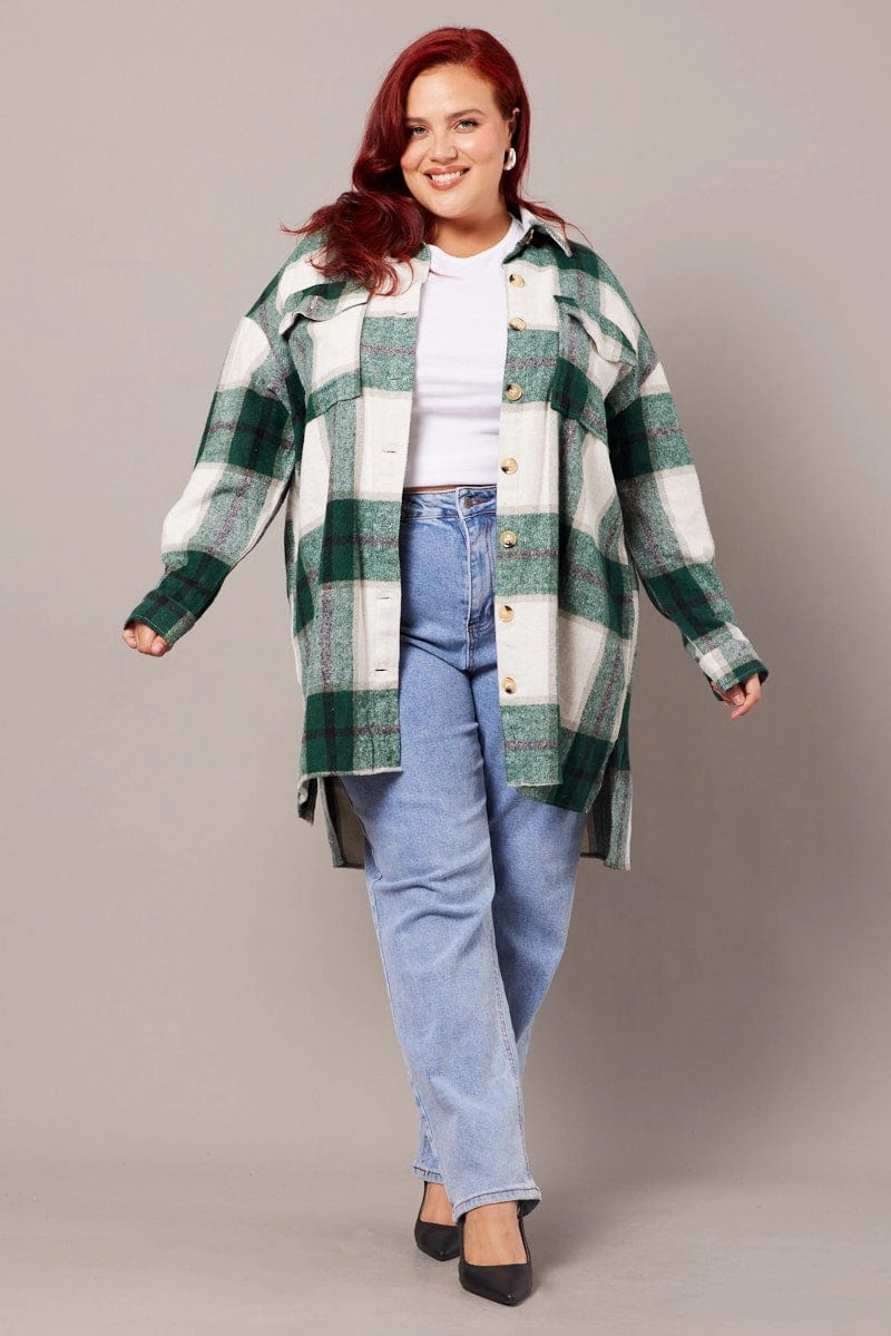 Green Check Longline Check Shacket Softshell Technology Ergonomic Shoulder Cut