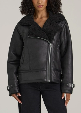 Breathable fabric tech Shearling Moto Jacket for Tall Women in Black