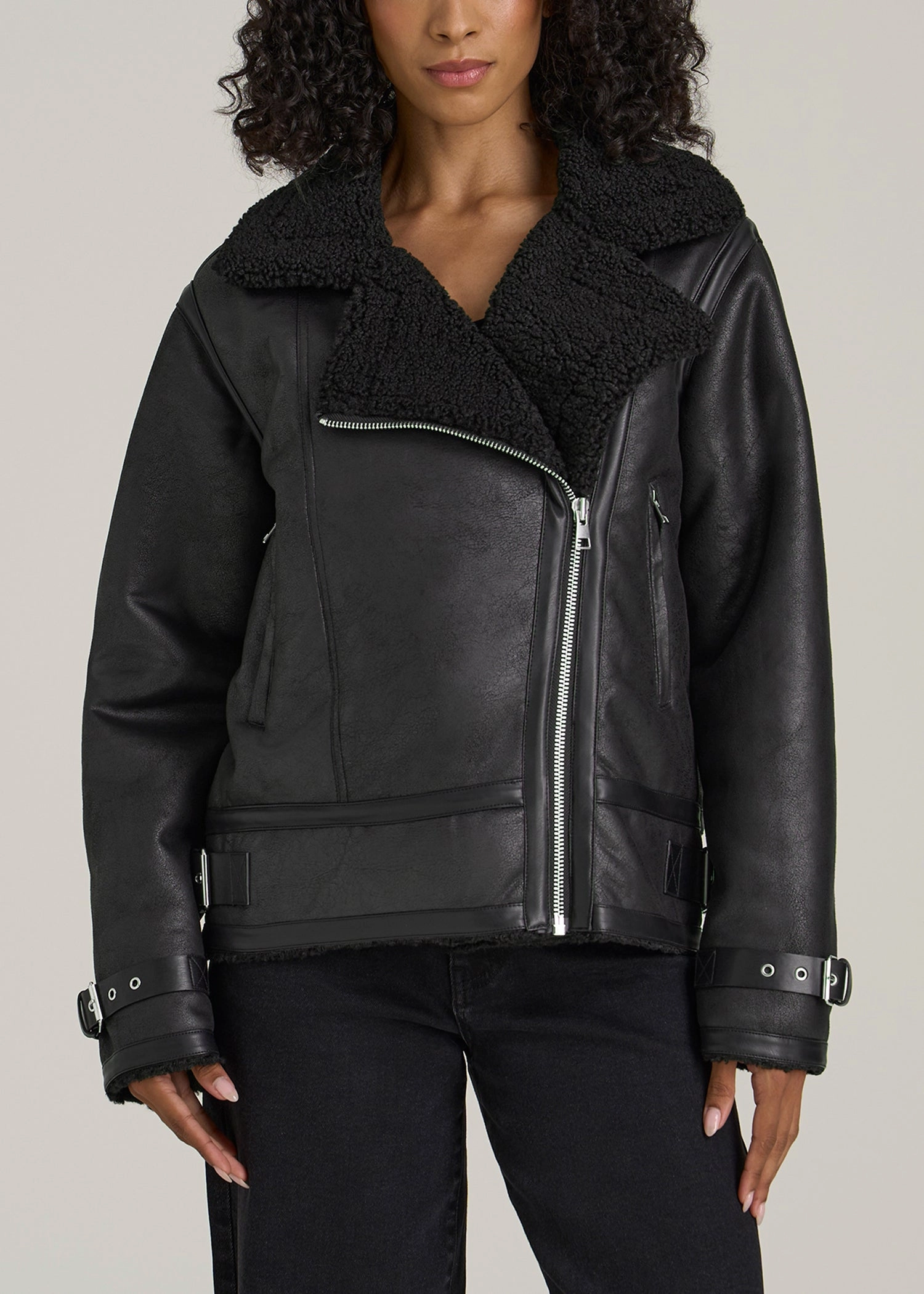 Shearling Moto Jacket for Tall Women in Black Lightweight Insulation Technology
