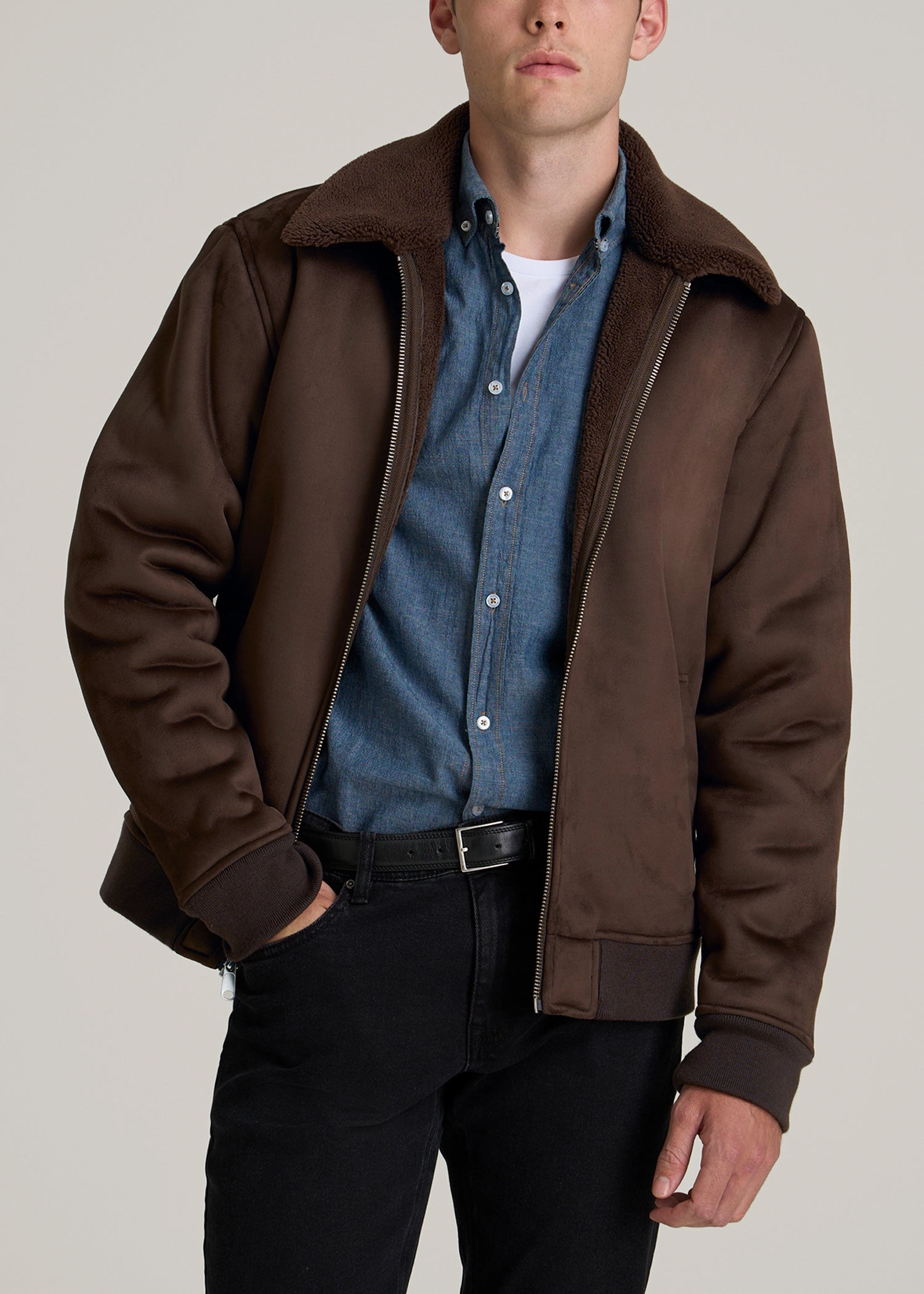 Lightweight Design Modular Attachment System Sherpa Bomber Jacket for Tall Men in Bison Brown
