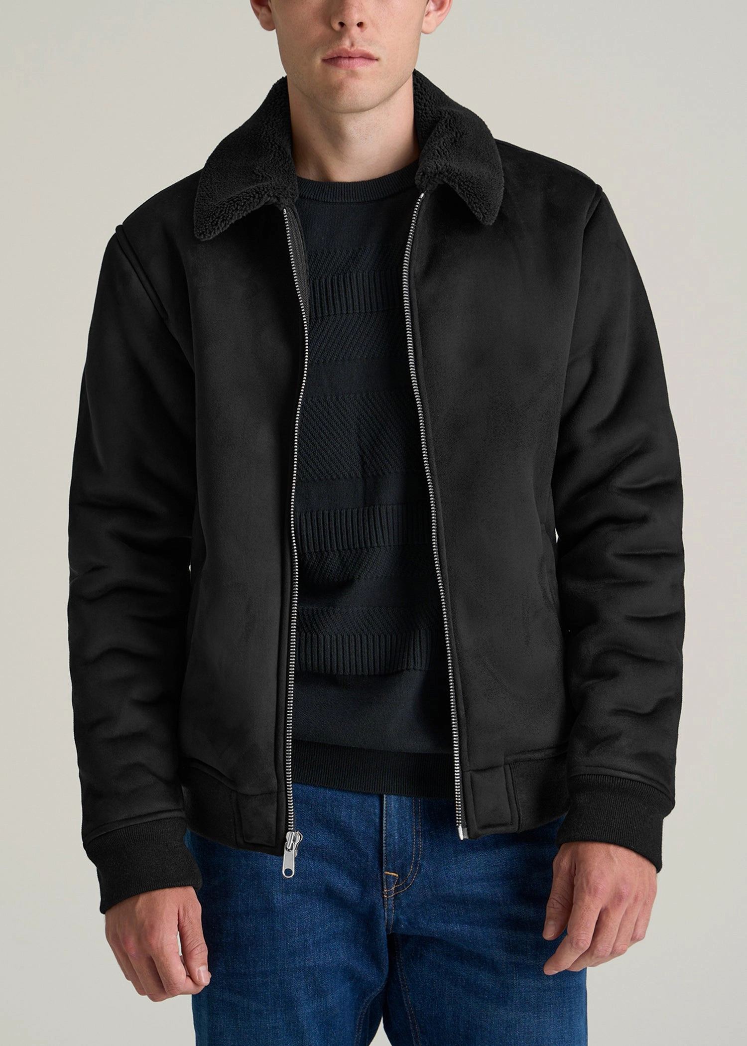 Sherpa Bomber Jacket for Tall Men in Black Odor Resistant Fabric