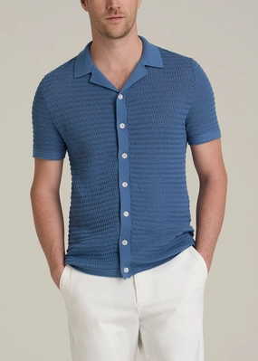 Short Sleeve Crochet Polo Cardigan for Tall Men in Deep Cobalt Classic Design Breathable Stretch