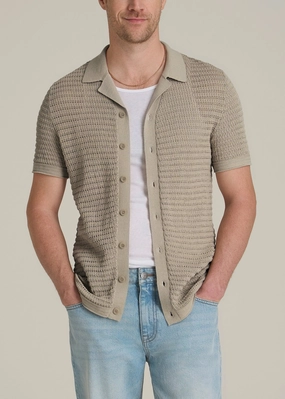 Short Sleeve Crochet Polo Cardigan for Tall Men in Light Khaki Comfort Stretch
