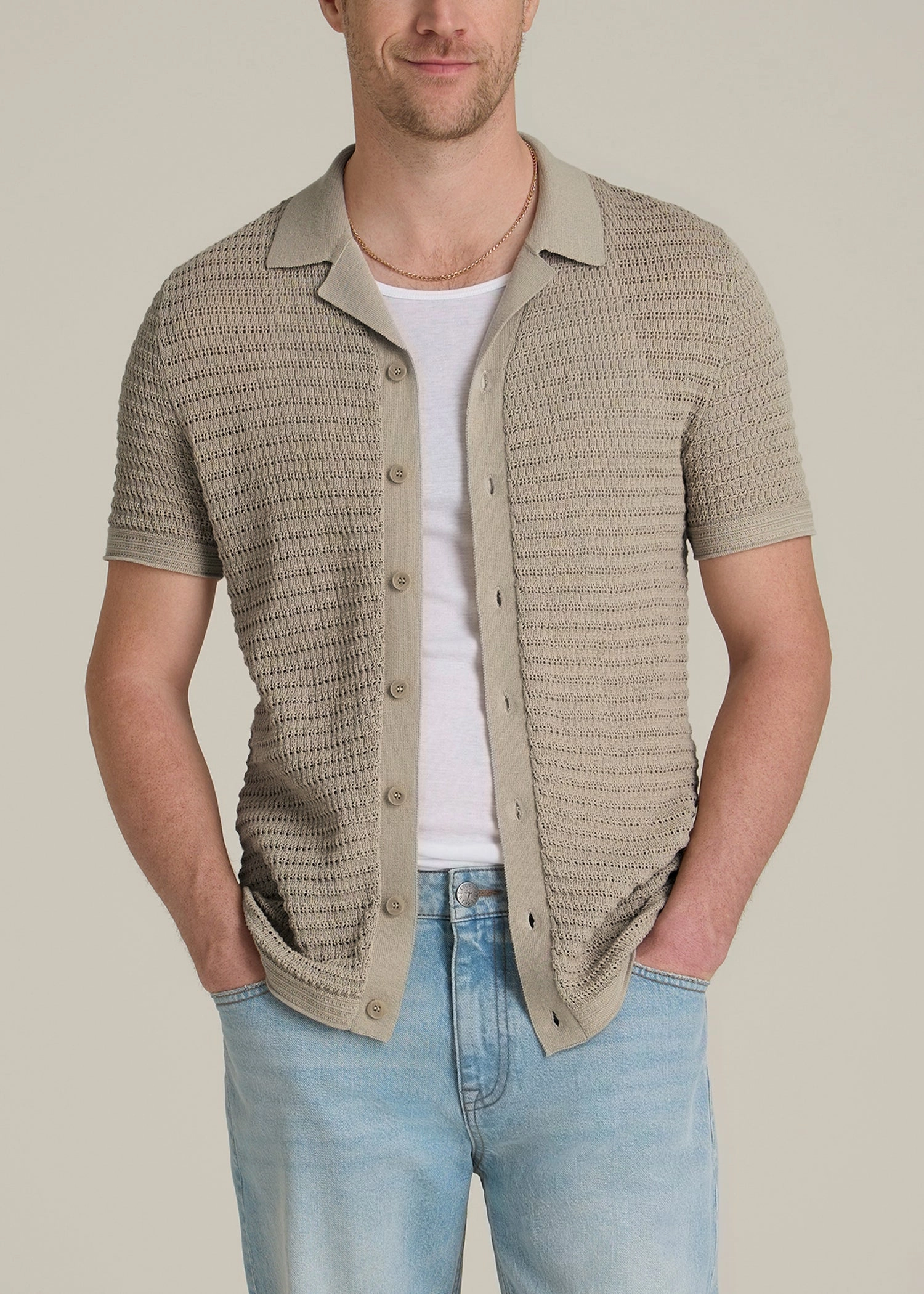 Versatile Comfort All Season Wear Short Sleeve Crochet Polo Cardigan for Tall Men in Light Khaki