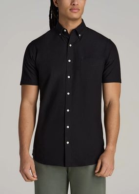 DurableBlend ZipperedPockets Short Sleeve Oxford Button Shirt For Tall Men in Black