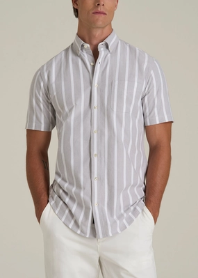 Textured Weave Pattern standard fit Short Sleeve Oxford Button Shirt For Tall Men in Bold Grey Stripe