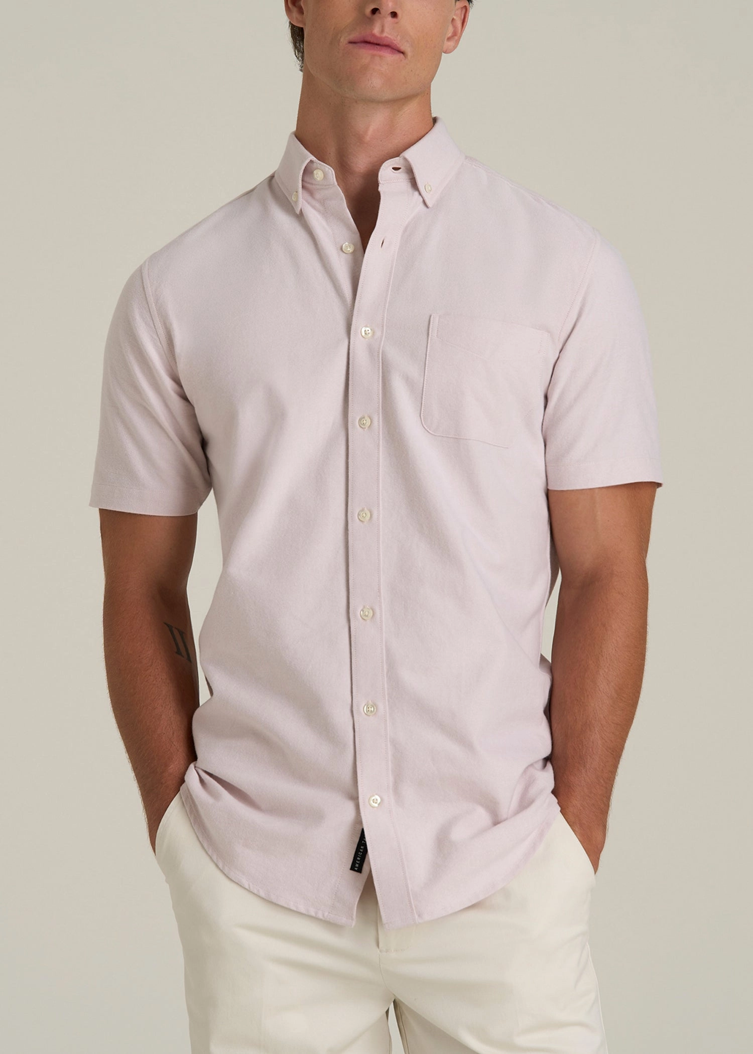 Short Sleeve Oxford Button Shirt For Tall Men in Burnished Lilac Comfort Cushion Neckline