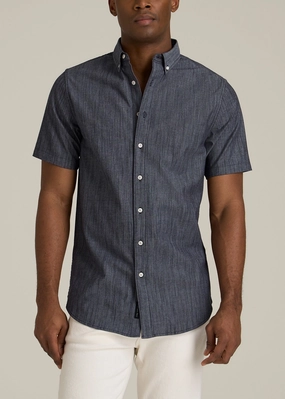 Casual Jacket Short Sleeve Stretch Chambray Shirt for Tall Men in Dark Blue Chambray