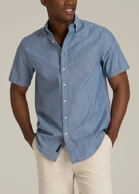 Ethically Sourced Yarn Short Sleeve Stretch Chambray Shirt for Tall Men in Medium Blue Chambray