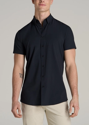 Basic Wardrobe HighNeckCut Short Sleeve Traveler Stretch Button Shirt for Tall Men in Black