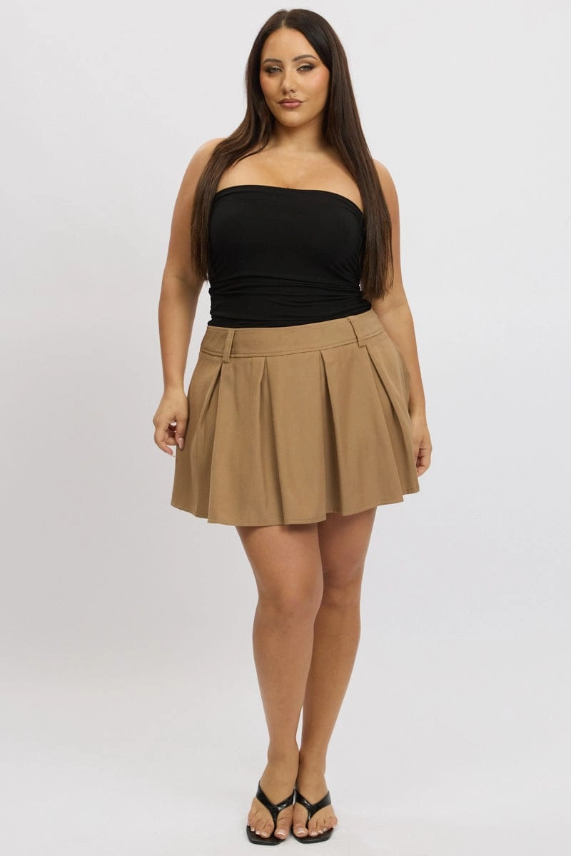 Beige Pleated Mini Tennis Skirt Scalloped Edge