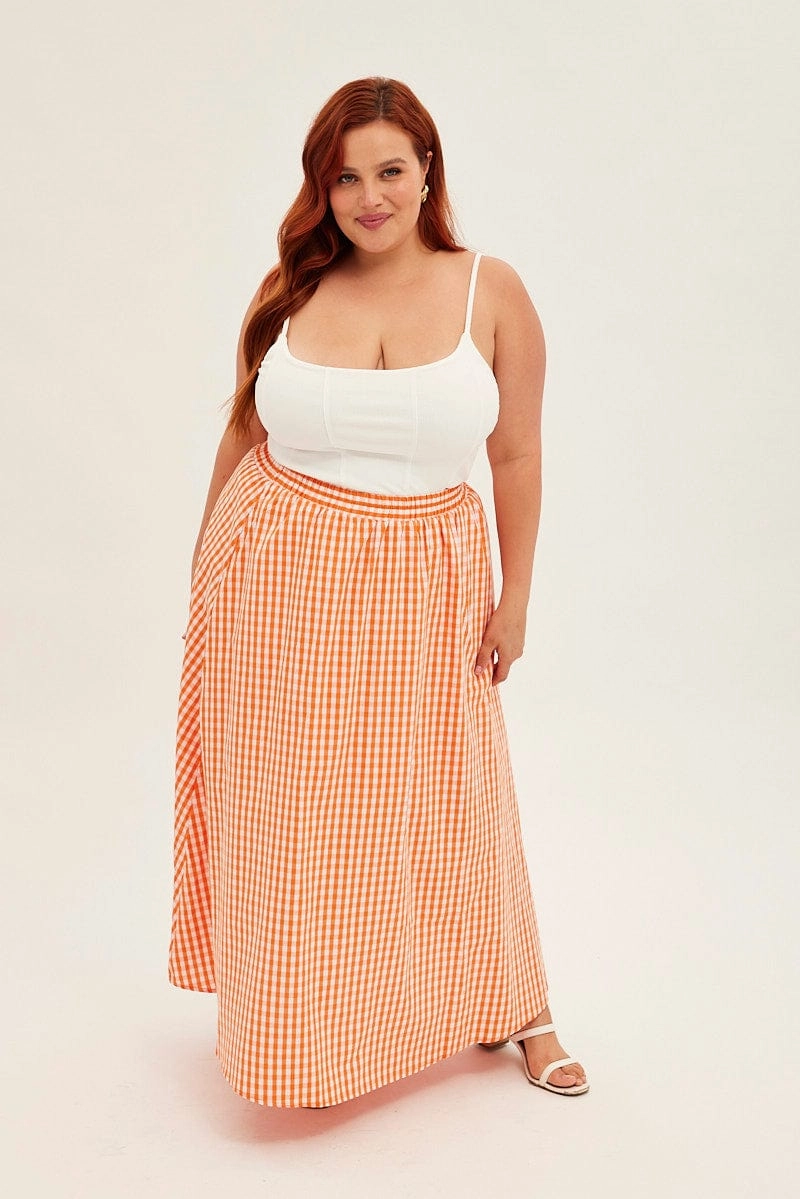 Biodegradable Fabric City Mood Orange Check Midi Skirt High Waist Elaticated Waist