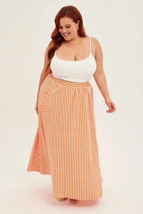birthday party Orange Check Midi Skirt High Waist Elaticated Waist