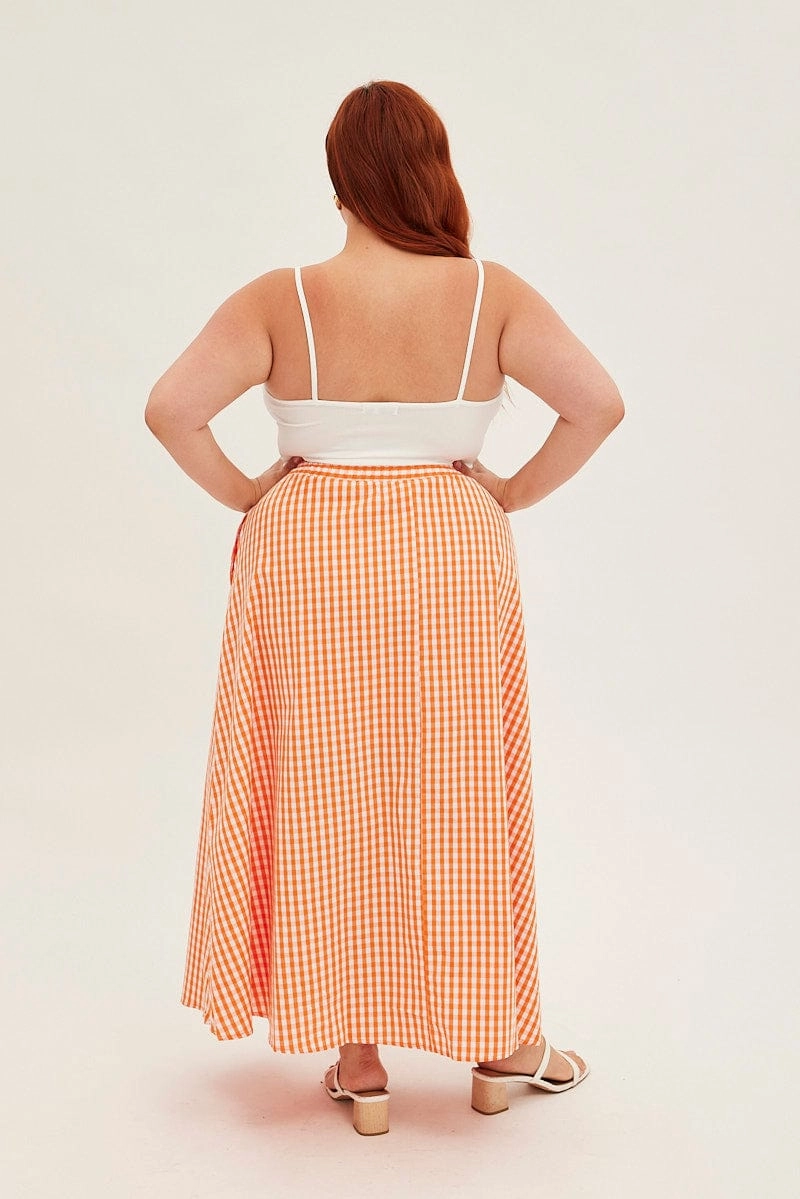Orange Check Midi Skirt High Waist Elaticated Waist High low hem Fashion Energy