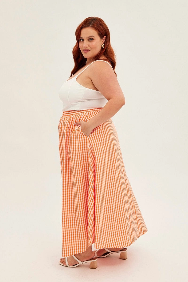 Orange Check Midi Skirt High Waist Elaticated Waist Stretch Comfort