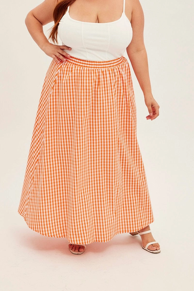 Trend Ready Opaque Lining Orange Check Midi Skirt High Waist Elaticated Waist