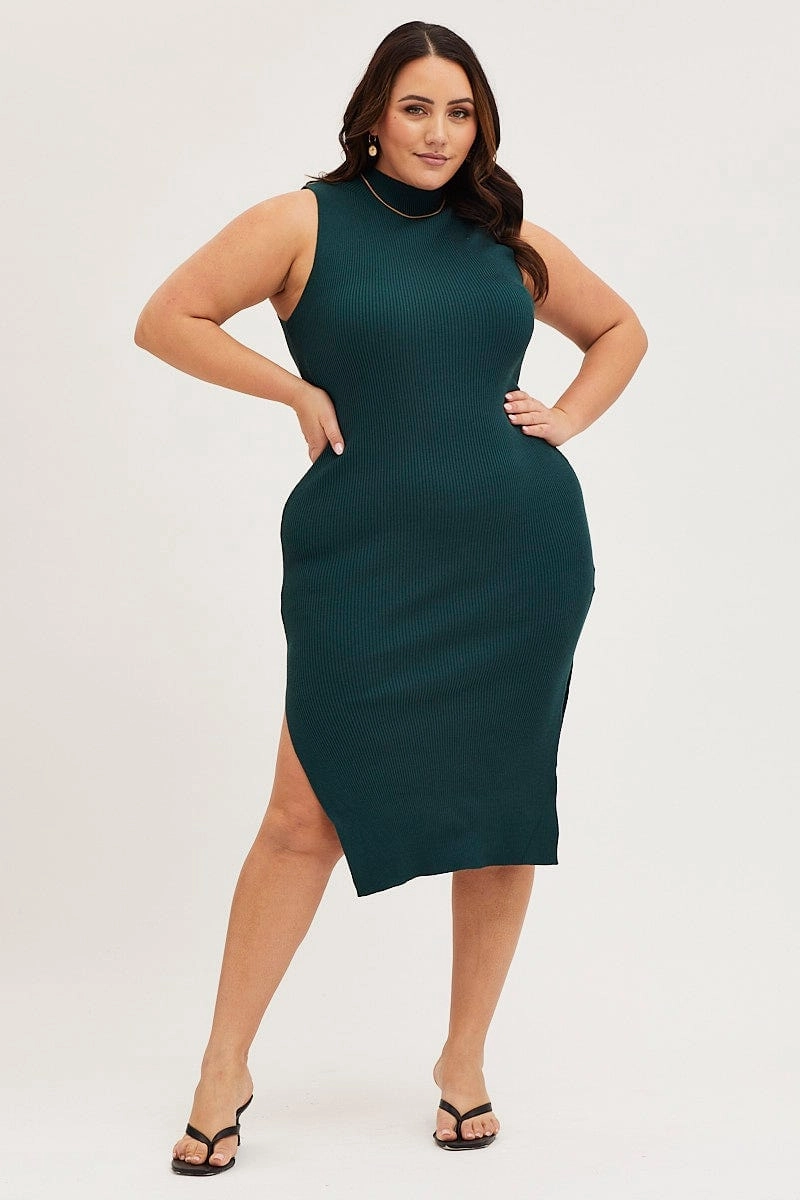 Green Bodycon Dress Round Neck Sleeveless Country View Seasonal Essential