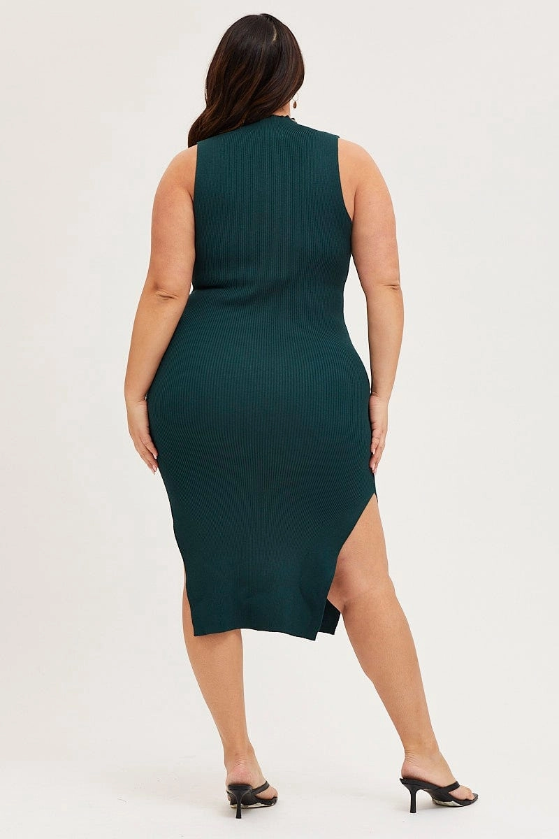 Scalloped-Edge Green Bodycon Dress Round Neck Sleeveless