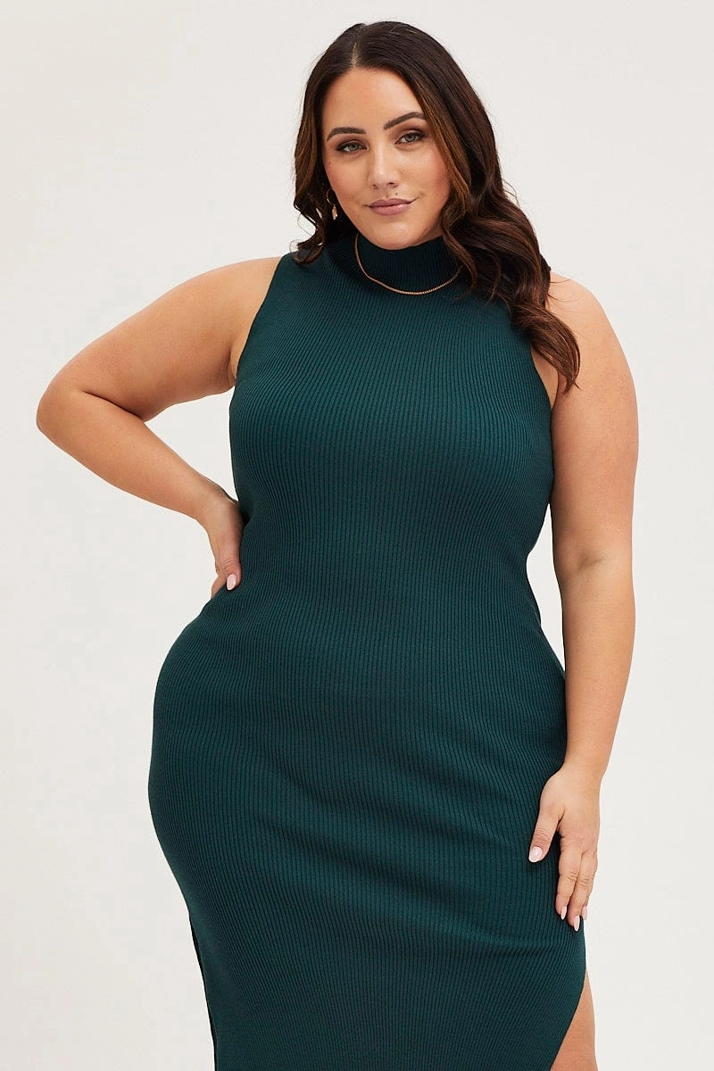 Green Bodycon Dress Round Neck Sleeveless Airy Drape