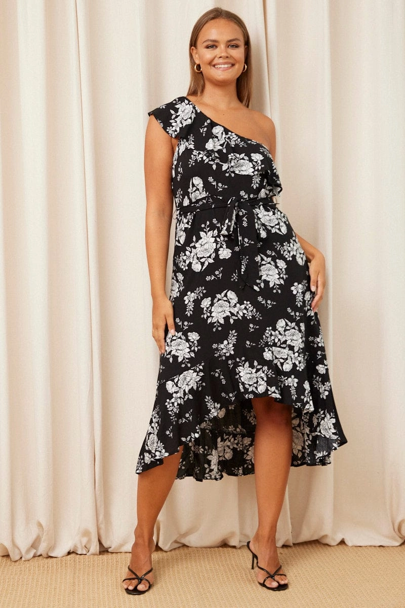 Dress for brunch Travel-Style Trop Print Midi Dress One Shoulder Sleeveless