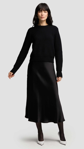 Tear Resistant Material Bias Midi Skirt in Viscose Satin | Black