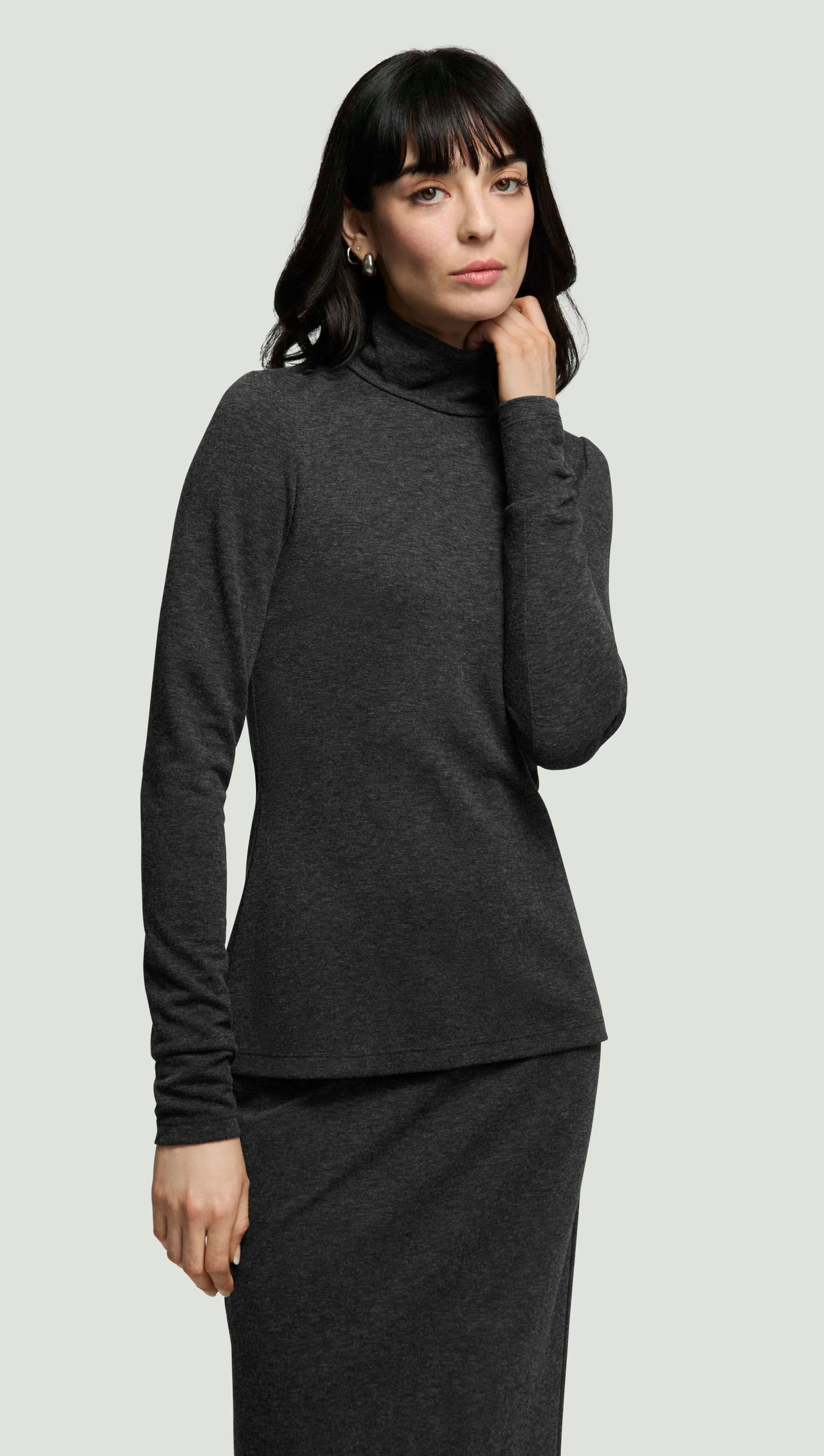 Skinny Turtleneck in Wool Jersey | Dark Grey Melange Comfy Hoodie