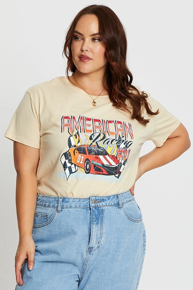 Bold Style Beige Short Sleeve American Racing Regular Sand T-shirt