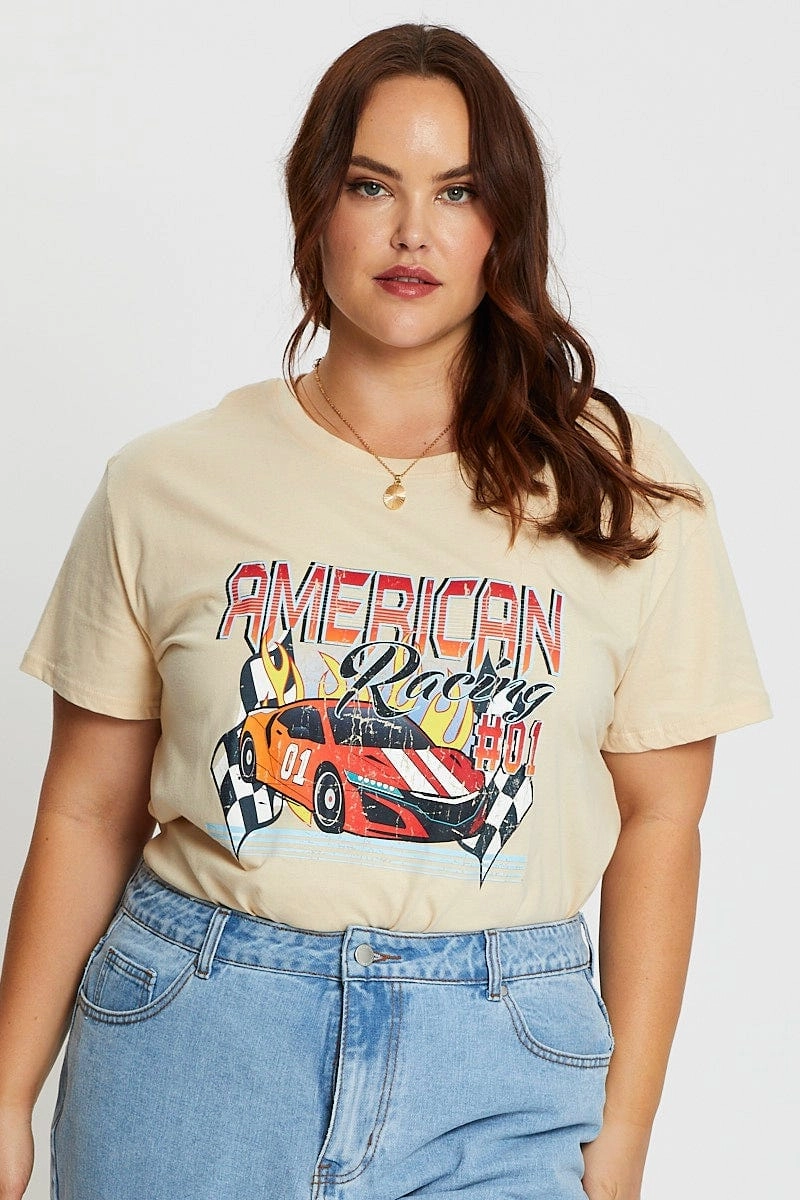 baby shower Bold Style Beige Short Sleeve American Racing Regular Sand T-shirt