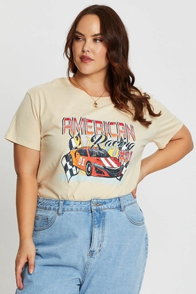 Bold Style Beige Short Sleeve American Racing Regular Sand T-shirt