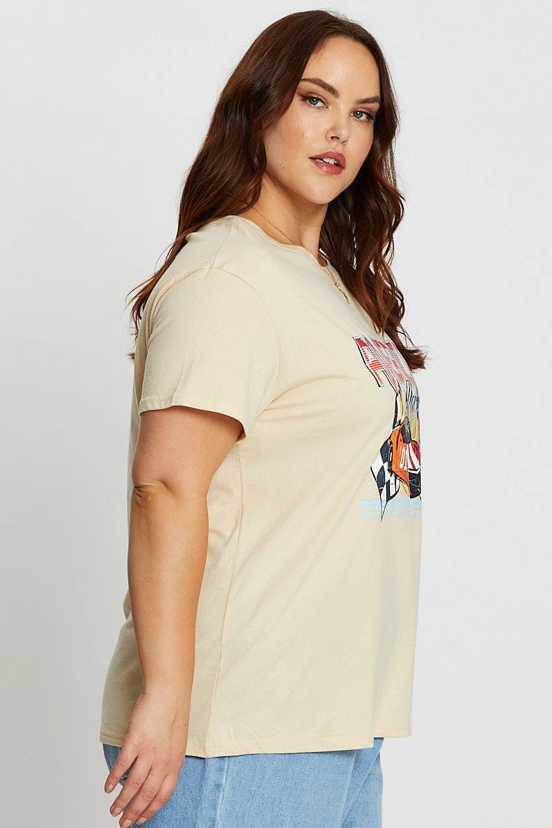 Beige Short Sleeve American Racing Regular Sand T-shirt Stretch Fit Design