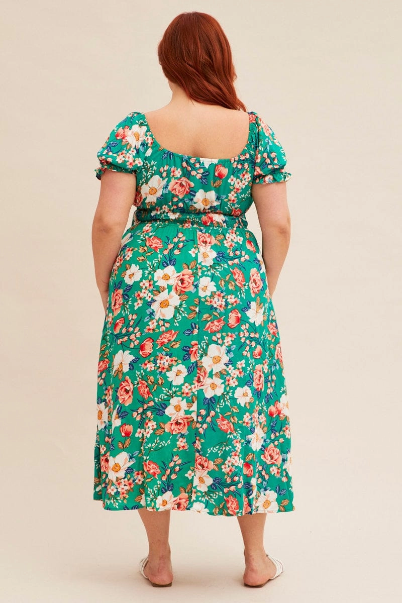 Green Floral Short Puff Sleeve Midi Slit Dress Soft and Light Soft Stretch