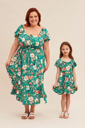 Polished look dress Green Floral Short Puff Sleeve Midi Slit Dress
