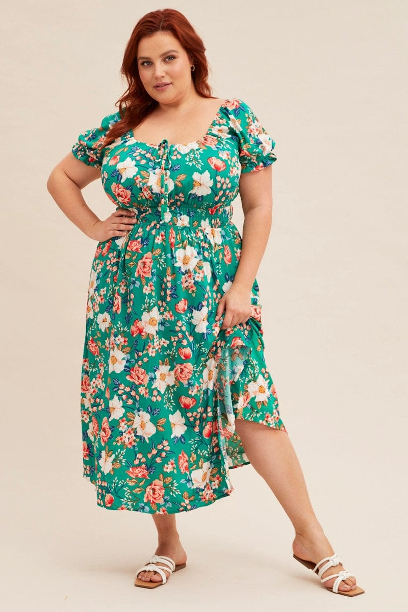 Green Floral Short Puff Sleeve Midi Slit Dress Contrast-Panel