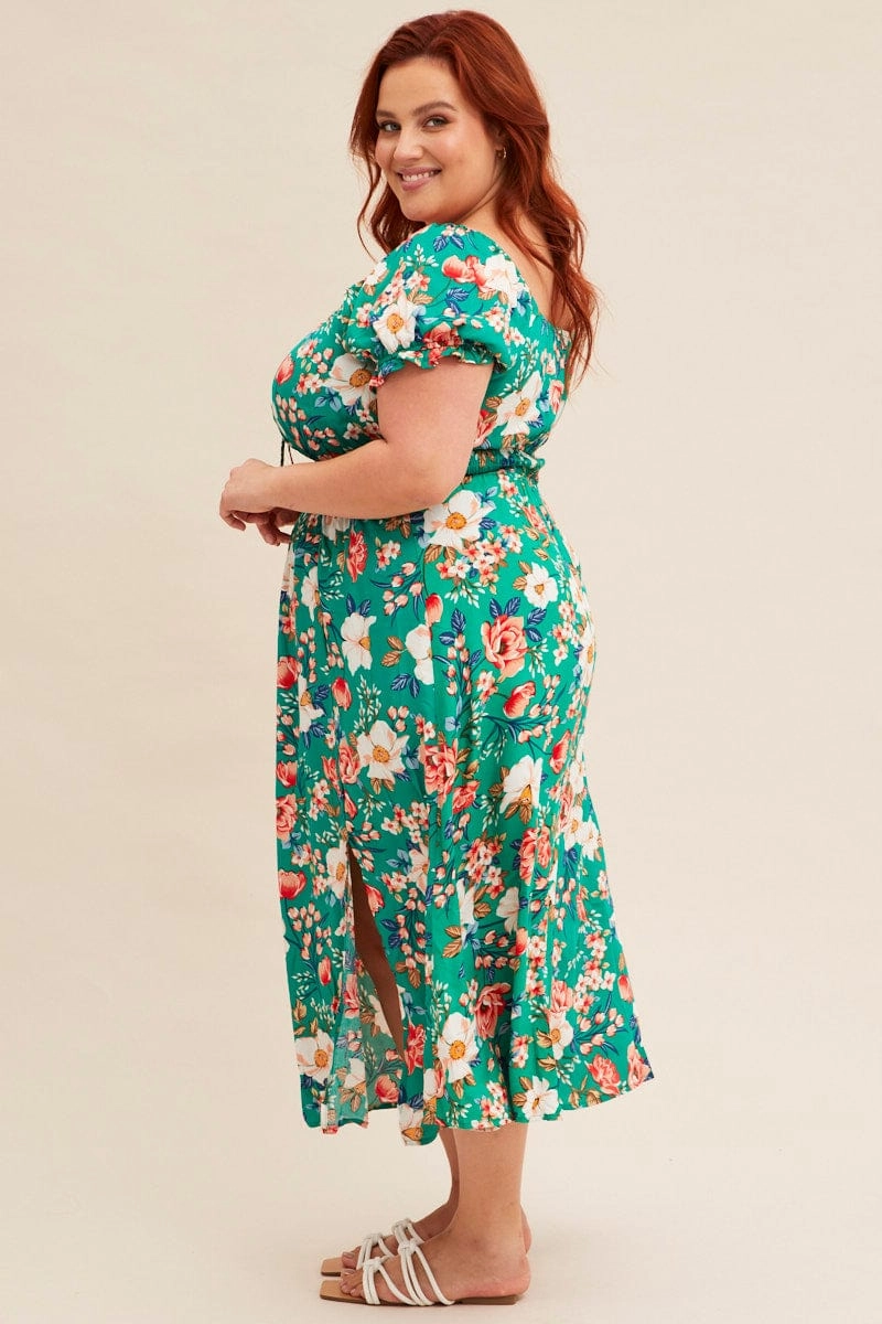 Cool Look Perfect for Layering Green Floral Short Puff Sleeve Midi Slit Dress