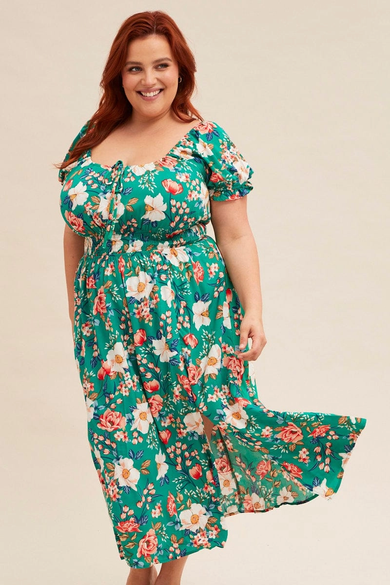 Green Floral Short Puff Sleeve Midi Slit Dress Neutral Form