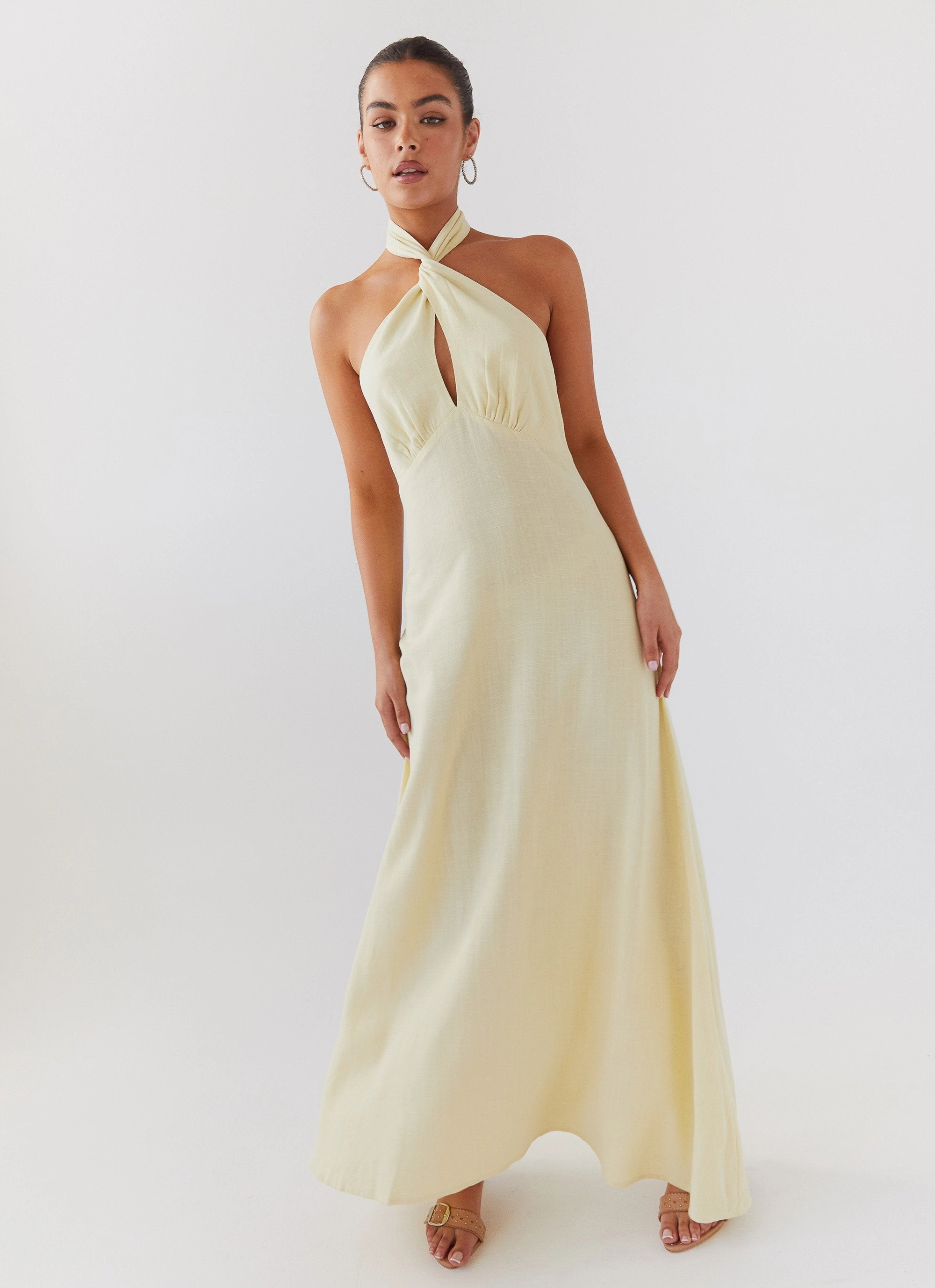 Raglan-Sleeve Balanced Look Adrienne Linen Maxi Dress - Lemon