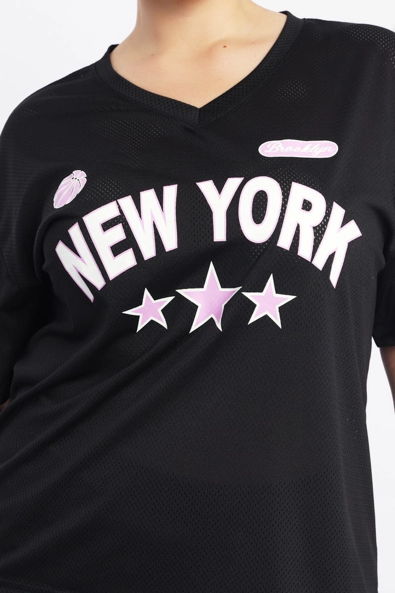 Ribbed Neckline FlexibleKnit Black Graphic T Shirt Short Sleeve Crew Neck