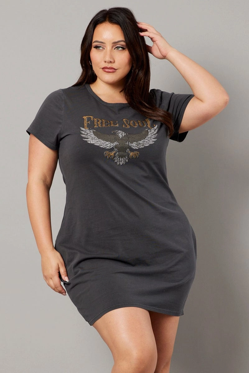Grey Graphic Dress Short Sleeve Crew Neck Brushed Interior Lining Modern Layer
