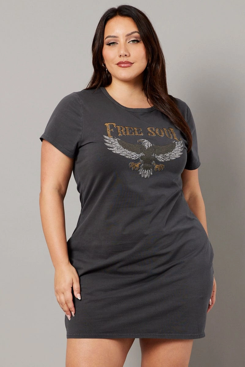 Grey Graphic Dress Short Sleeve Crew Neck Active Style Trend