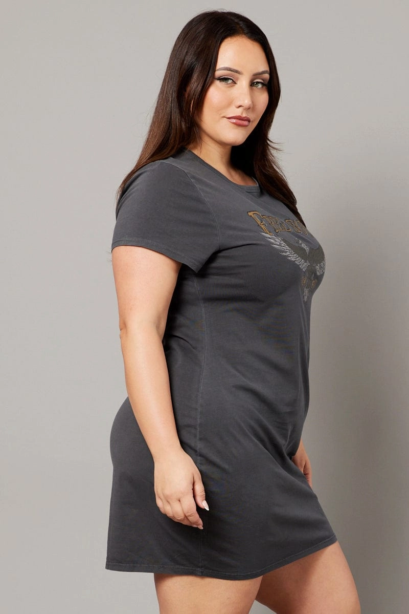 right size Seasonal Outfit Grey Graphic Dress Short Sleeve Crew Neck
