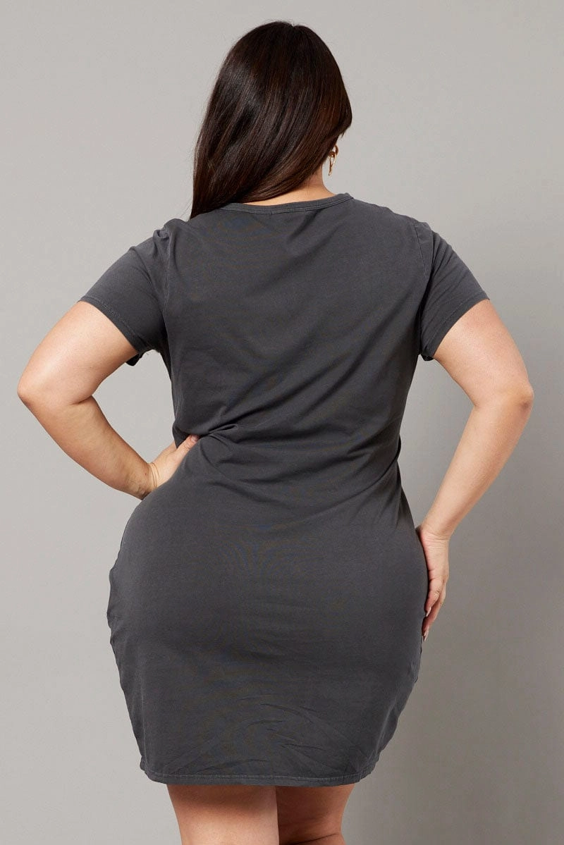 cyber monday Neutral Color Grey Graphic Dress Short Sleeve Crew Neck