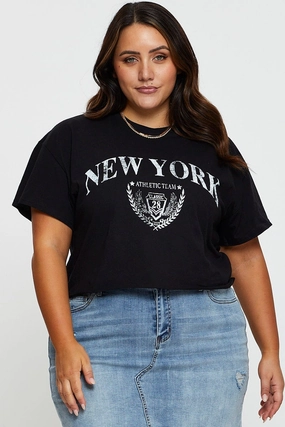 Basic Piece Black Graphic T-shirt New York Crew Neck Short Sleeve