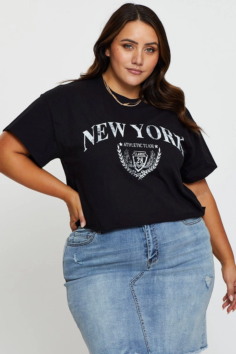 Black Graphic T-shirt New York Crew Neck Short Sleeve Stylish Layer Look Durable Knitwear