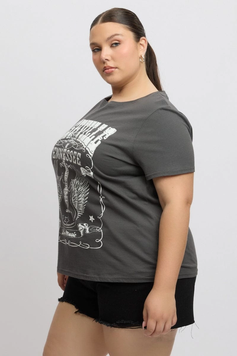 Vintage Style Grey Graphic T Shirt Short Sleeve Crew Neck