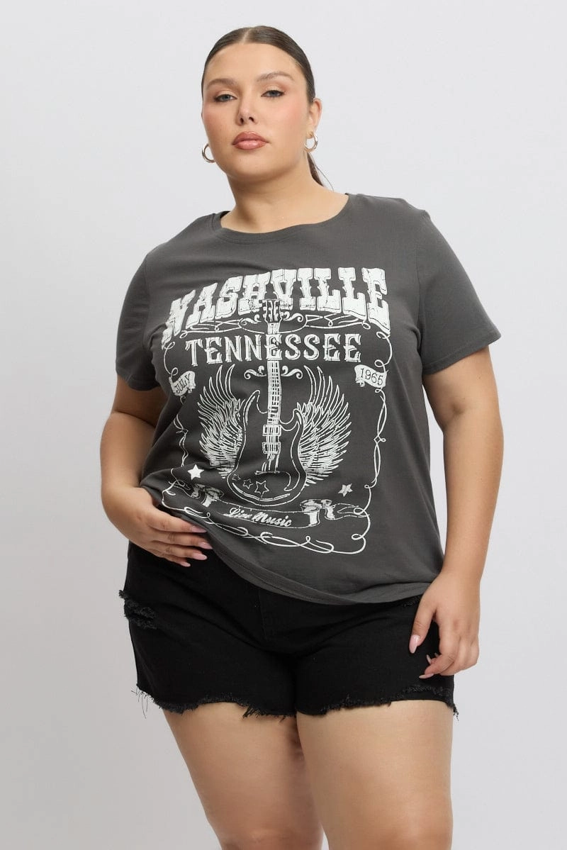 Grey Graphic T Shirt Short Sleeve Crew Neck Fashion Ready