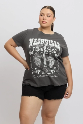 Grey Graphic T Shirt Short Sleeve Crew Neck NonRestrictiveCut