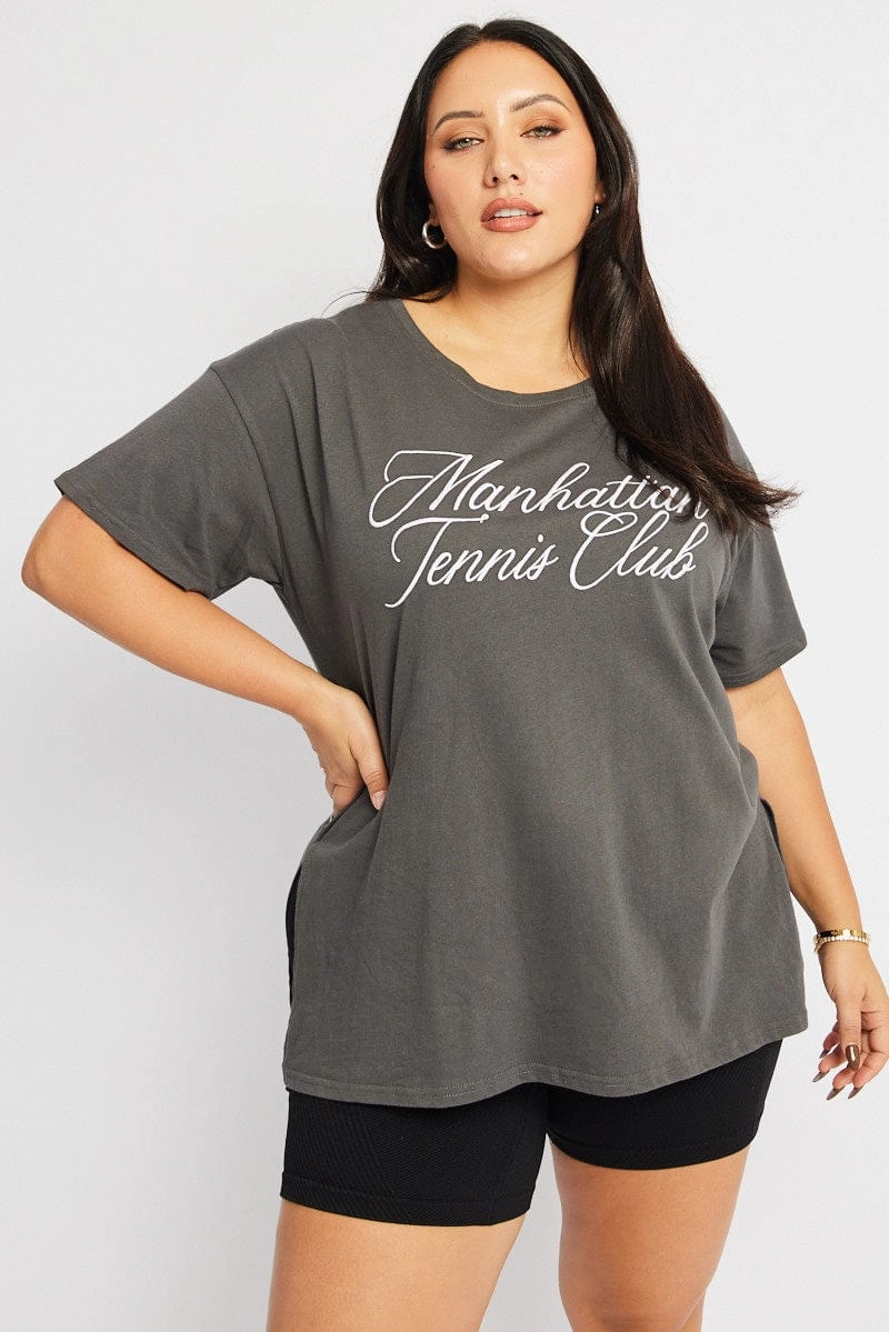 Grey Graphic T-shirt Short Sleeve Crew Neck Snag Resistant Surface